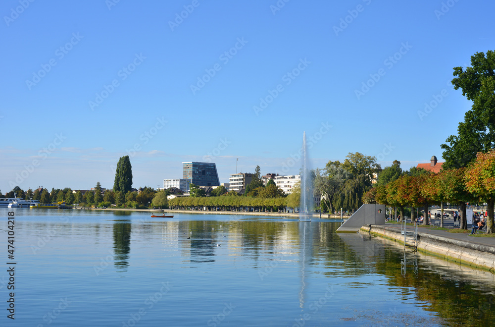 Zug, Switzerland, view to the lakefront promenade of lake Zug