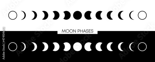 Moon phases astronomy icon collection on white and black background. Vector Illustration.