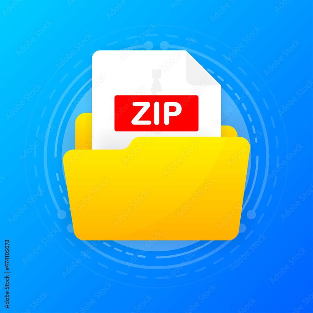 Open folder icon with ZIP file inside. Folder with documents on a blue ...