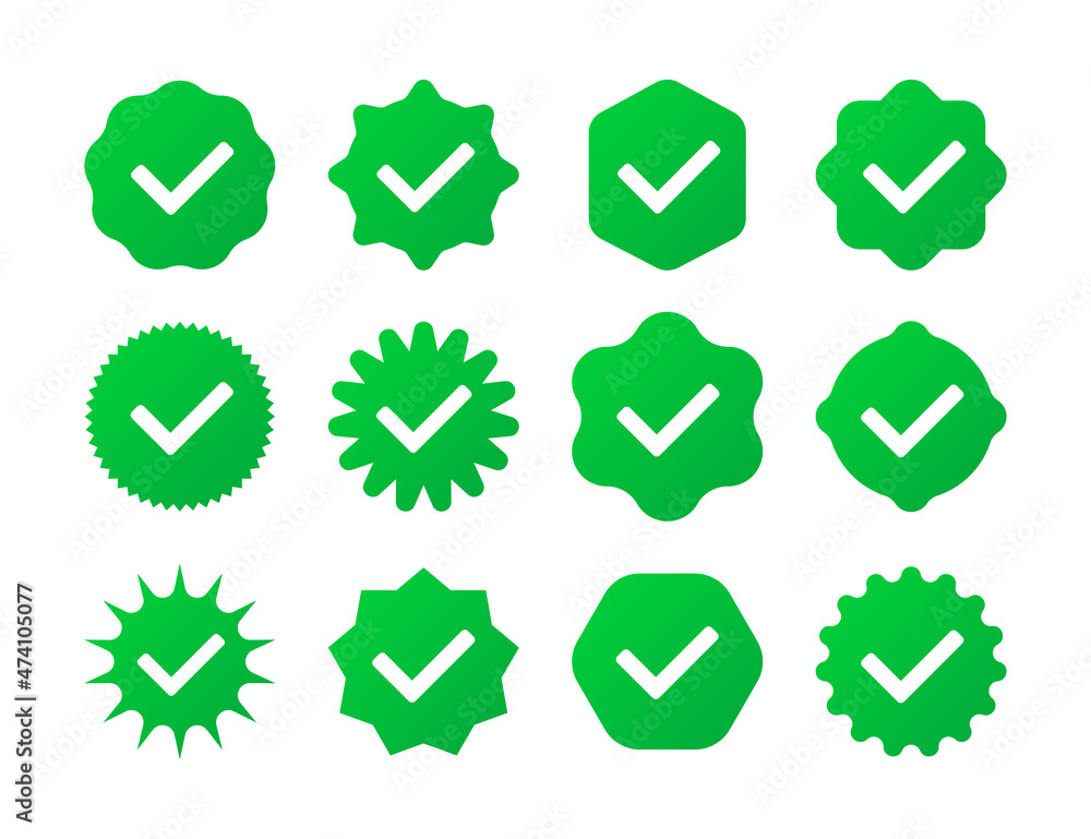 Set of green check mark badge icons. Verification icons collection. Vector illustration. Set of green check mark badge icons. Verification icons collection. Vector illustration.