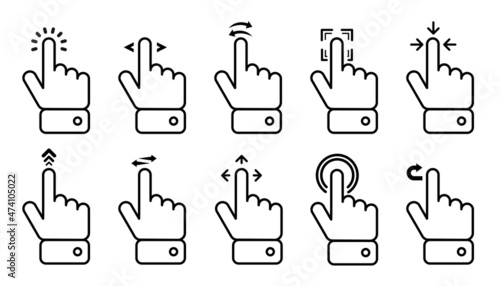 Hand Swipe and Tap icon collection. Up arrow button symbol. Social media scrolling. Vector Illustration.