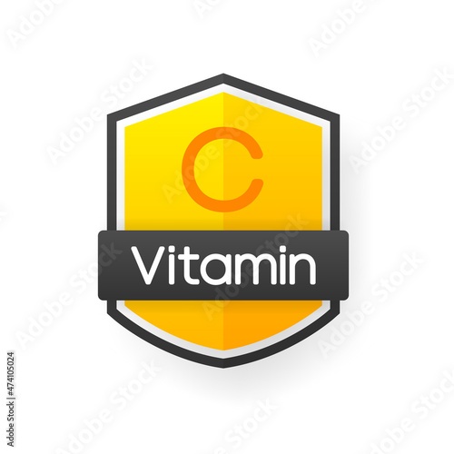 Vitamin C supplement, vitamin sign logo. Design template for advertising or branding. Vector Illustration.
