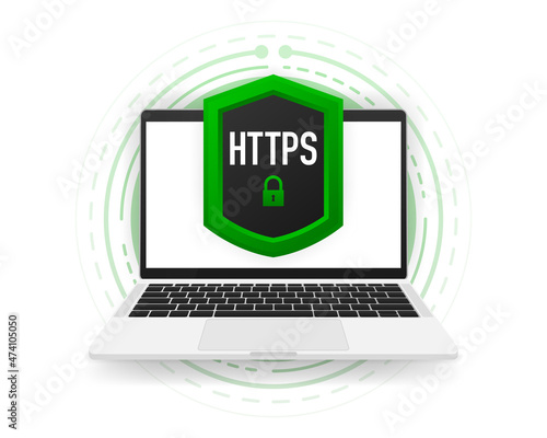 HTTPS and HTTP protocols, safe web surfing and data encryption. Computer banner Vector illustration.