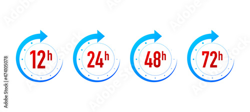 12, 24, 48 and 72 hours clock arrow on white background. Work time effect or delivery service time icons. Vector illustration.