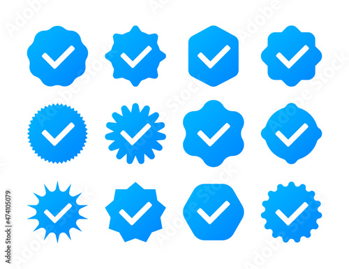 Set of blue check mark badge icons. Verification icons collection. Vector illustration.