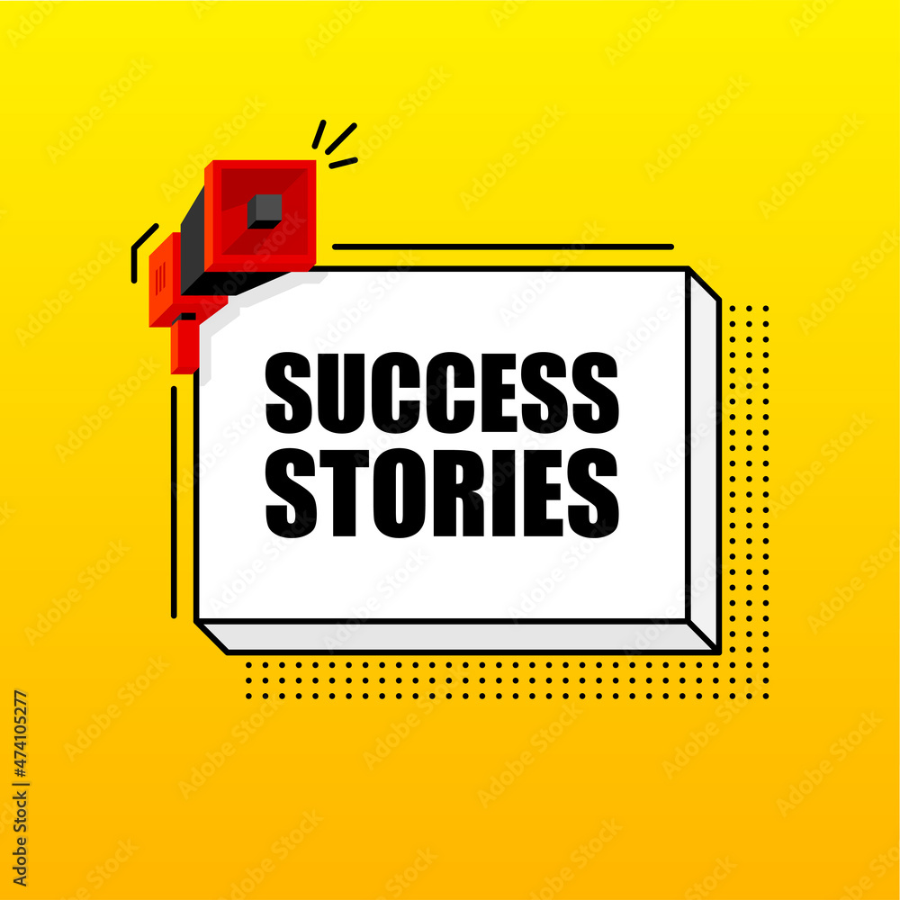 Success Stories banner template. Marketing flyer with megaphone. Isometric and pixel style. Template for retail promotion and announcement. Vector illustration.