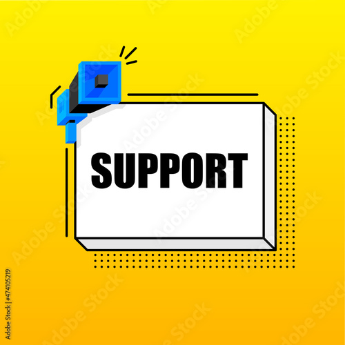 Support banner template. Marketing flyer with megaphone. Isometric and pixel style. Template for retail promotion and announcement. Vector illustration.