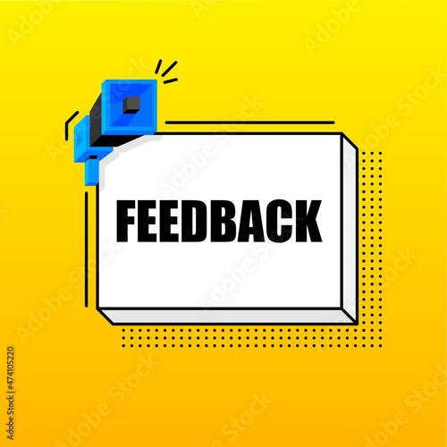 Feedback banner template. Marketing flyer with megaphone. Isometric and pixel style. Template for retail promotion and announcement. Vector illustration.