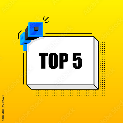 TOP 5 banner template. Marketing flyer with megaphone. Isometric and pixel style. Template for retail promotion and announcement. Vector illustration.