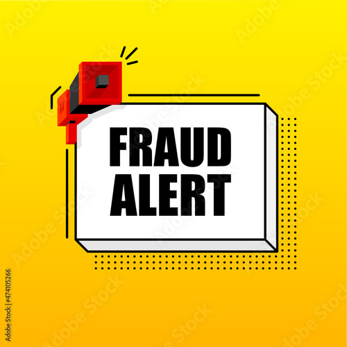 Fraud Alert banner template. Marketing flyer with megaphone. Isometric and pixel style. Template for retail promotion and announcement. Vector illustration.