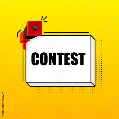 Contest banner template. Marketing flyer with megaphone. Isometric and pixel style. Template for retail promotion and announcement. Vector illustration.