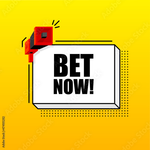 Bet Now banner template. Marketing flyer with megaphone. Isometric and pixel style. Template for retail promotion and announcement. Vector illustration.
