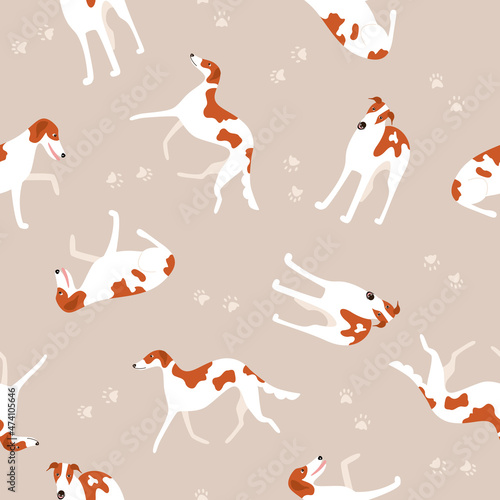 Seamless pattern with Russian Greyhound or Borzoi dog breed. Fabric design with cartoon dogs. Vector illustration of a pet flat