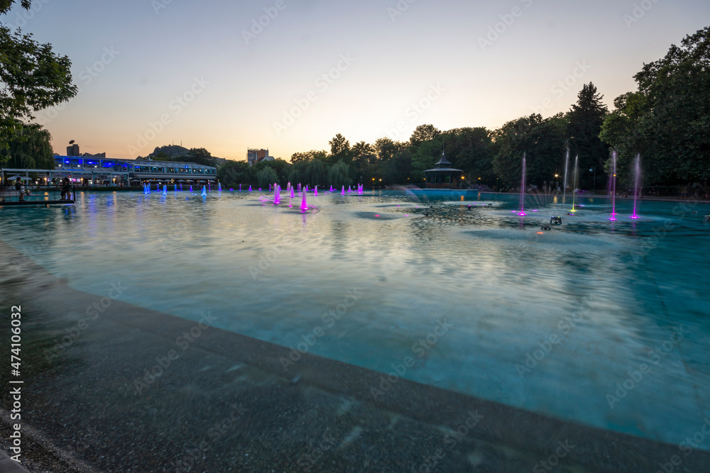Sunset view of Singing Fountains in City of Plovdiv, Bulgaria