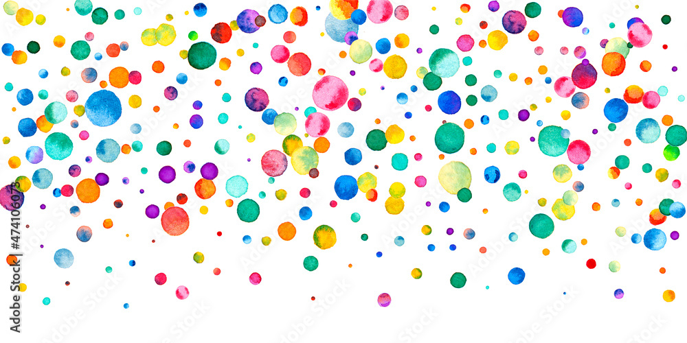 Watercolor confetti on white background. Alive rainbow colored dots. Happy celebration wide colorful bright card. Charming hand painted confetti.