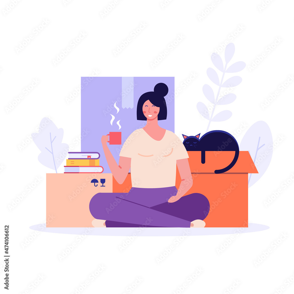 Woman sits and rests while the move is in progress. Concept of moving service, new house, apartment. Movers moving in new home. Vector illustration for Web Design Woman sits and rests while the move is in progress. Concept of moving service, new house, apartment. Movers moving in new home. Vector illustration for Web Design