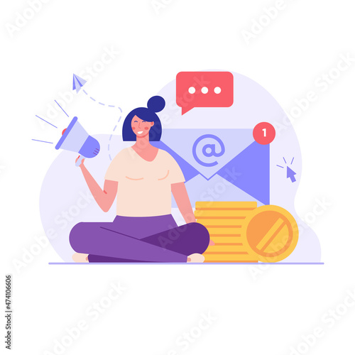 Woman shouting in megaphone. Business character announcing with loudspeaker. Direct marketing. Concept of promotion, e-mail marketing, pr, email campaign. Vector illustration in flat for web banners