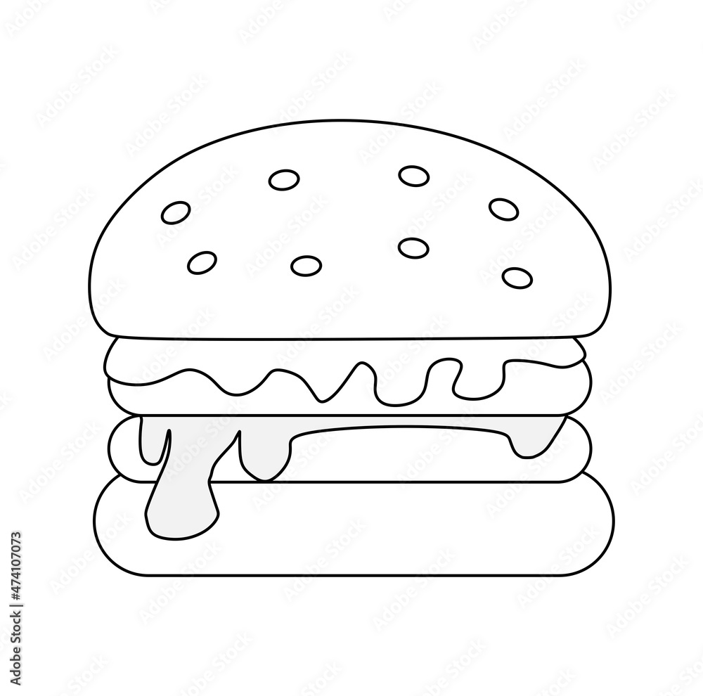 Black and white vector illustration of hamburger containing meat and vegetables for coloring book and doodle Black and white vector illustration of hamburger containing meat and vegetables for coloring book and doodle