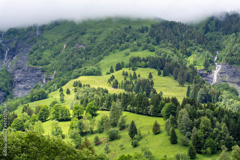 Panoramic view on mountain waterfalls, green forests and apline meadows near Saint-Gervais-les-Bains, Savoy. France