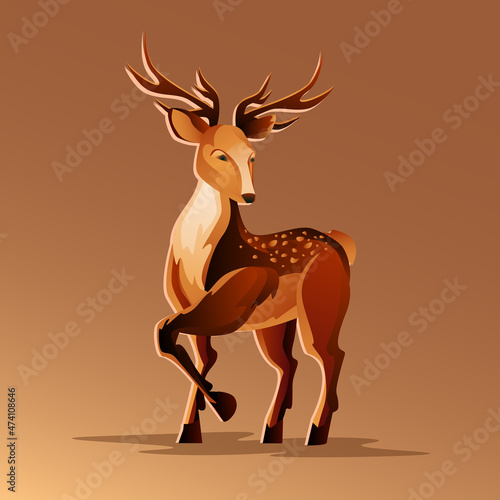 Single reindeer vector illustration. Horned hoofed animal with light spots and branched bony antlers on brown background.
