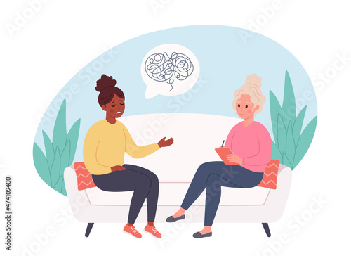 Woman talking with psychologist. Psychology therapy, mental health, depression. Vector illustration