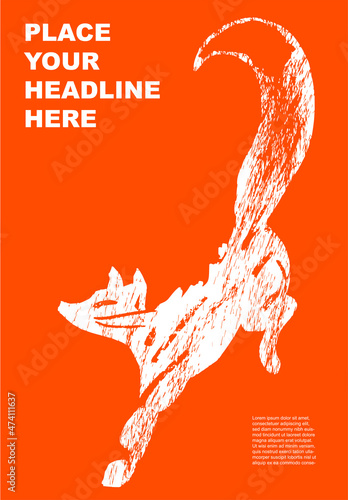 Fox. Abstract wild animal poster. Jungle, Forest. Set of contemporary asian art print templates. Ink rodent with place for text and geometrical shapes on the background. Vector illustration