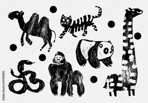Abstract wild and domesticated  animals: camel, tiger, panda, gorilla, snake, giraffe. Set of contemporary asian art print templates. Ink, vector illustration