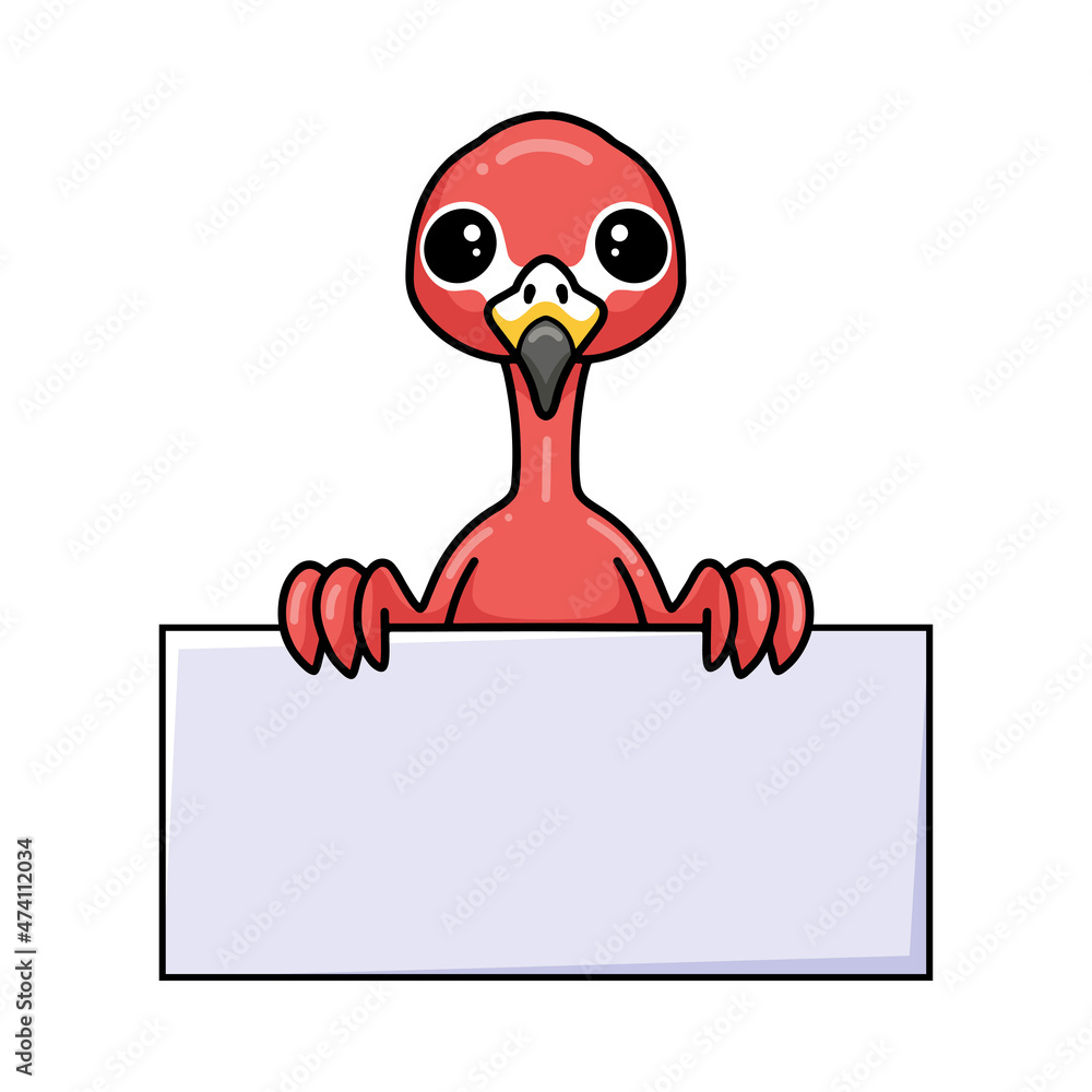 Cute little pink flamingo cartoon with blank sign Cute little pink flamingo cartoon with blank sign