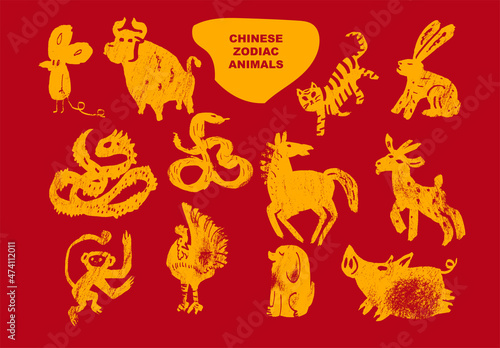 Vector chinese animals zodiac, china calendar signs set, astrological oriental zodiacal symbols. Gold on red background chinese horoscope. © zhu