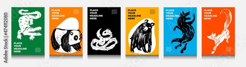 Abstract wild and domesticated  animals: crocodile, panda, dragon, bear, wolf, fox. Set of contemporary asian art print templates. Ink animals with place for text and geometrical shapes