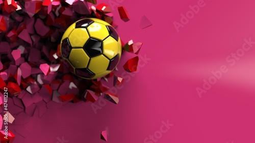 Black-Yellow Soccer ball breaking with great force through red-pink wall under spot light background. 3D high quality rendering. 3D illustration. 3D CG.