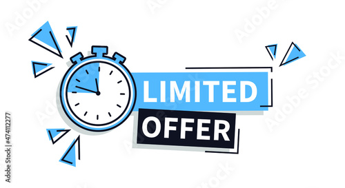 Blue banner limited offer with clock for promotion, banner, price. Label countdown of time for offer sale or exclusive deal.Alarm clock. photo