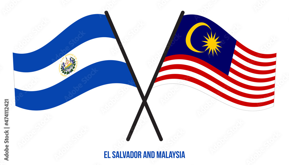 El Salvador and Malaysia Flags Crossed And Waving Flat Style. Official Proportion. Correct Colors.