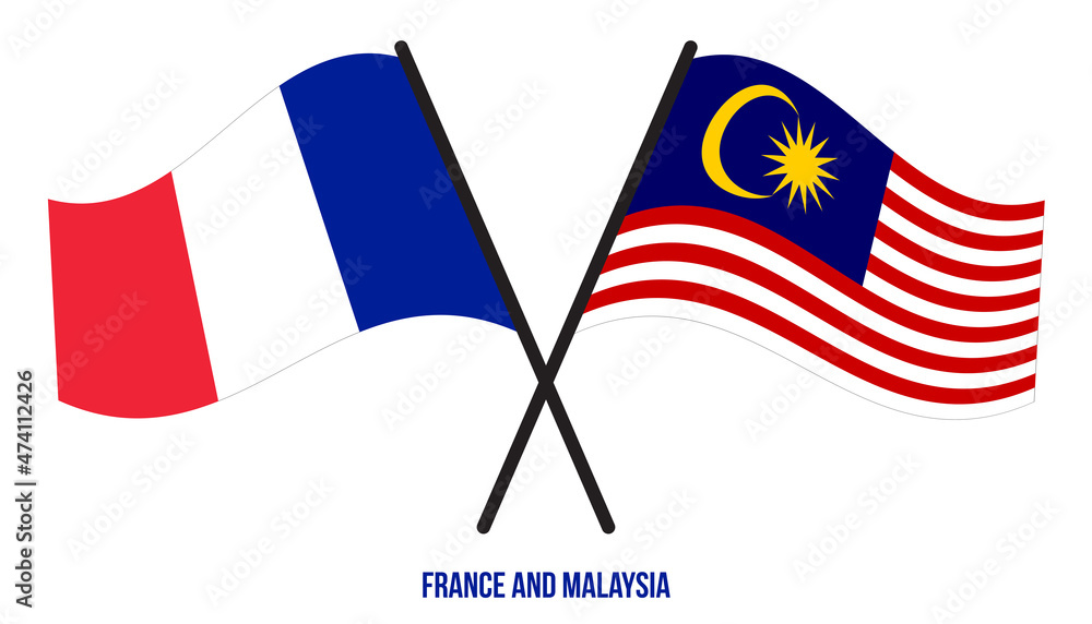 France and Malaysia Flags Crossed And Waving Flat Style. Official Proportion. Correct Colors.