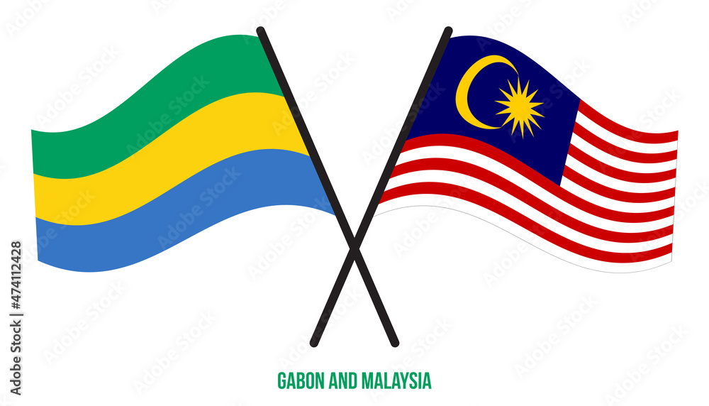 Gabon and Malaysia Flags Crossed And Waving Flat Style. Official Proportion. Correct Colors.