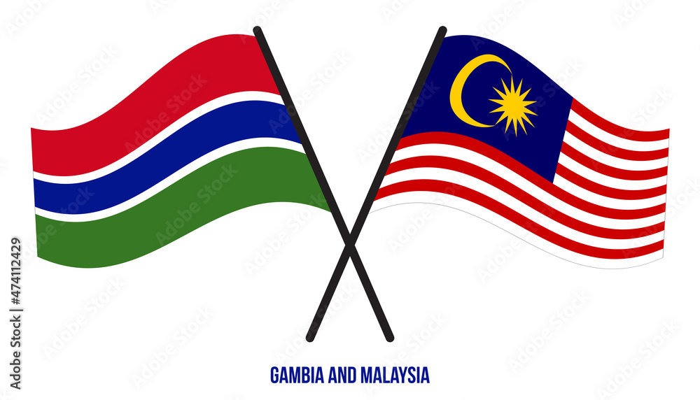 Gambia and Malaysia Flags Crossed And Waving Flat Style. Official Proportion. Correct Colors.