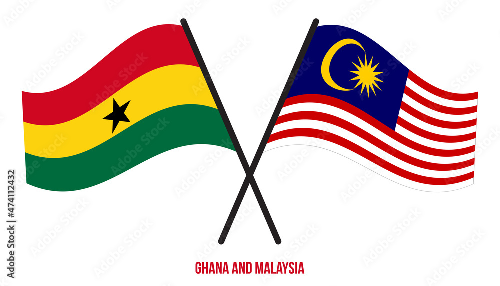 Ghana and Malaysia Flags Crossed And Waving Flat Style. Official Proportion. Correct Colors.