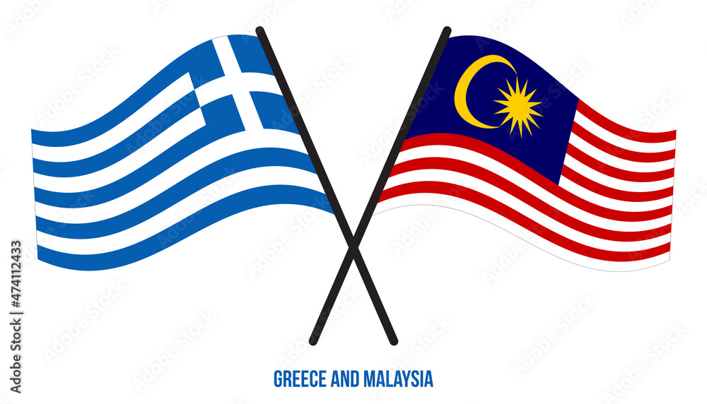 Greece and Malaysia Flags Crossed And Waving Flat Style. Official Proportion. Correct Colors.