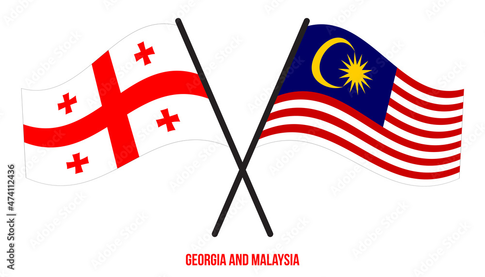 Georgia and Malaysia Flags Crossed And Waving Flat Style. Official Proportion. Correct Colors.