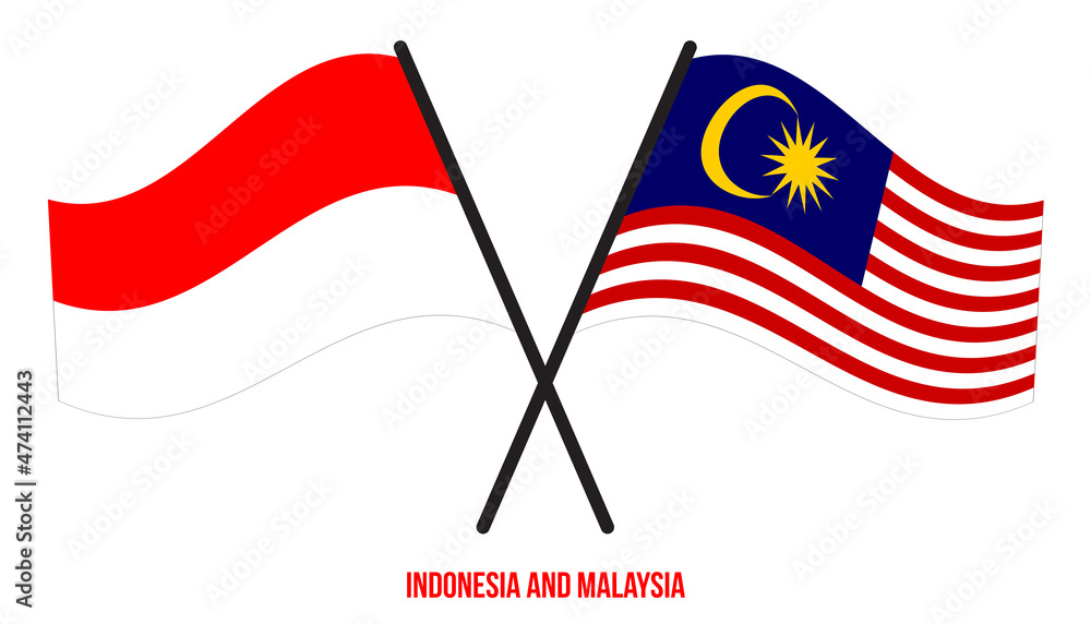 Indonesia and Malaysia Flags Crossed And Waving Flat Style. Official Proportion. Correct Colors.