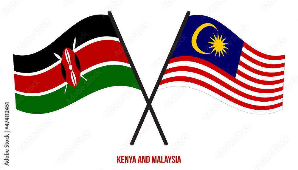 Kenya and Malaysia Flags Crossed And Waving Flat Style. Official Proportion. Correct Colors.