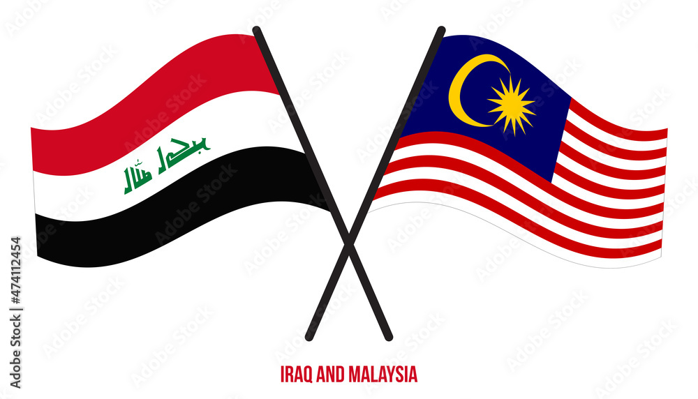 Iraq and Malaysia Flags Crossed And Waving Flat Style. Official Proportion. Correct Colors.
