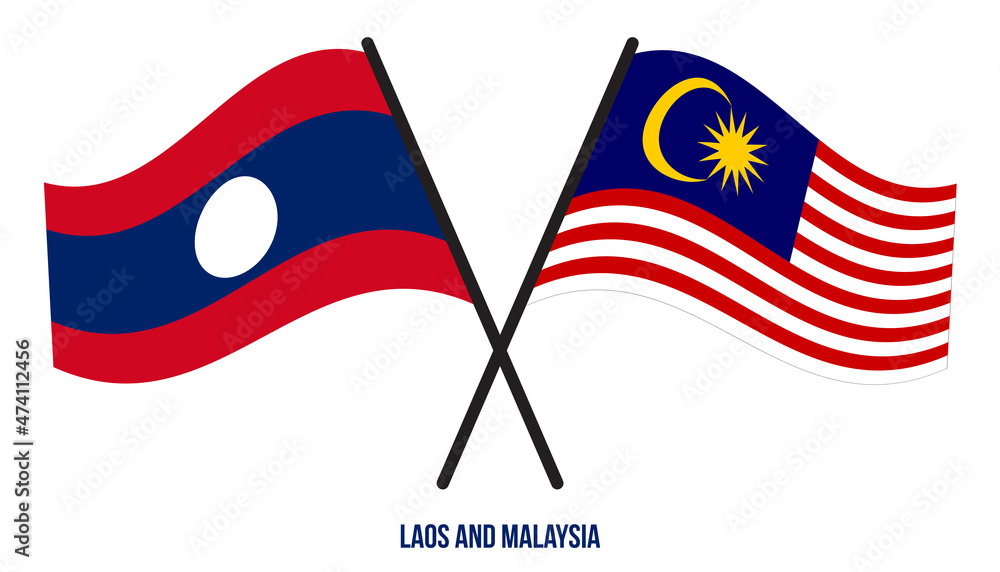 Laos and Malaysia Flags Crossed And Waving Flat Style. Official Proportion. Correct Colors.