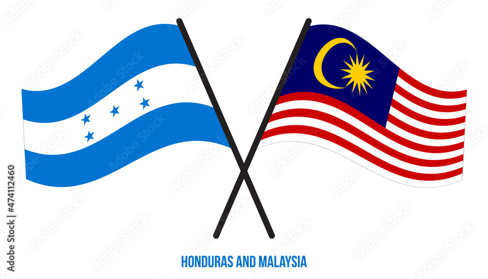 Honduras and Malaysia Flags Crossed And Waving Flat Style. Official Proportion. Correct Colors.