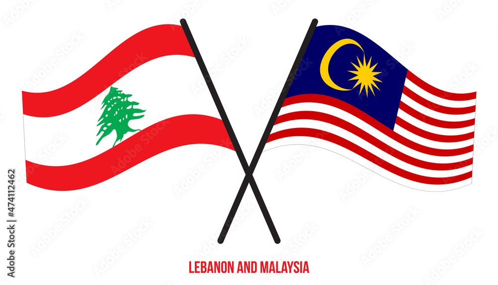 Lebanon and Malaysia Flags Crossed And Waving Flat Style. Official Proportion. Correct Colors.