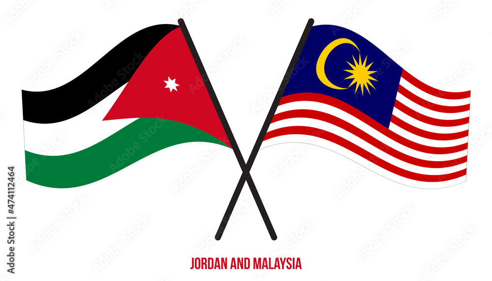 Jordan and Malaysia Flags Crossed And Waving Flat Style. Official Proportion. Correct Colors.