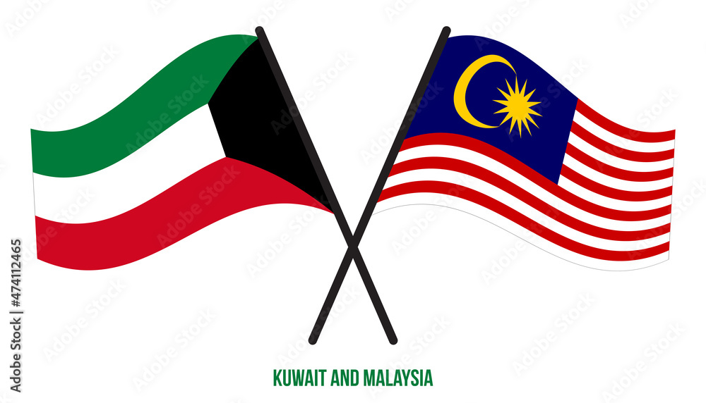 Kuwait and Malaysia Flags Crossed And Waving Flat Style. Official Proportion. Correct Colors.