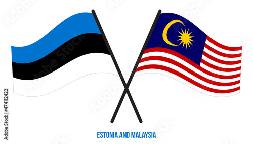 Estonia and Malaysia Flags Crossed And Waving Flat Style. Official Proportion. Correct Colors.