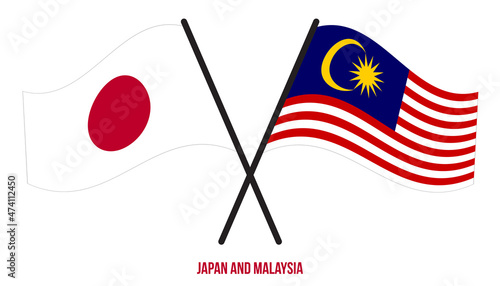 Japan and Malaysia Flags Crossed And Waving Flat Style. Official Proportion. Correct Colors.