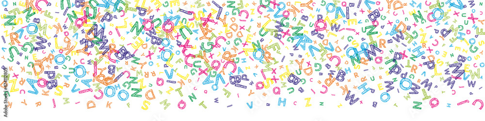 Falling letters of English language. Colorful messy sketch flying words of Latin alphabet. Foreign languages study concept. Resplendent back to school banner on white background. Falling letters of English language. Colorful messy sketch flying words of Latin alphabet. Foreign languages study concept. Resplendent back to school banner on white background.